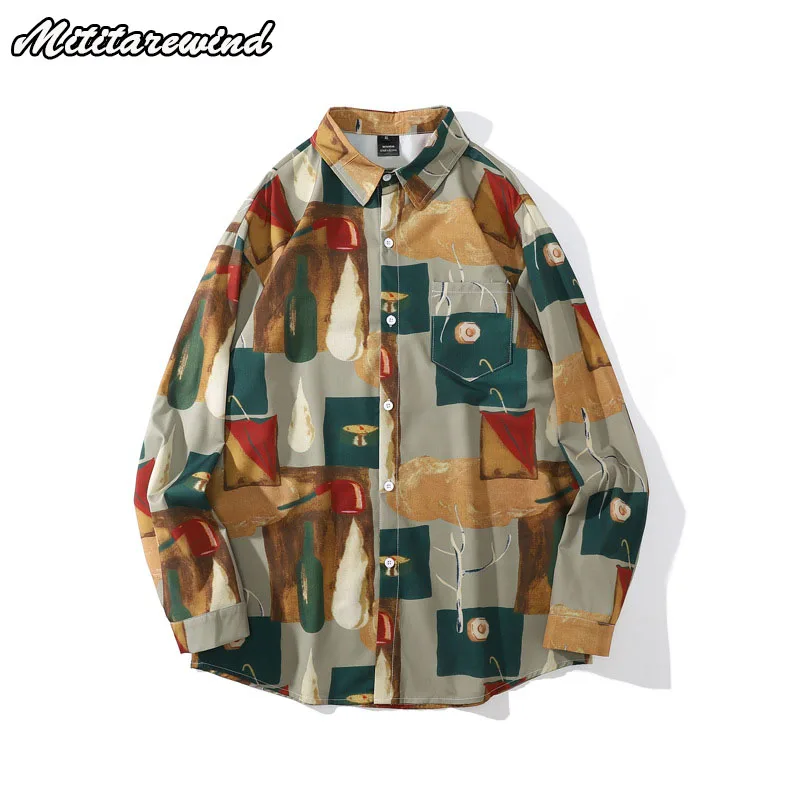 

Summer Painting Print Lazy Vibe Couple Clothing Hip Hop Vintage Retro Long Sleeve Shirts Vacation Style Casual Streetwear