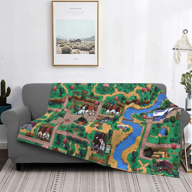 

Stardew Valley Town Map Knitted Blankets Fleece video game manga Soft Throw Blankets for Bed Bed Rug