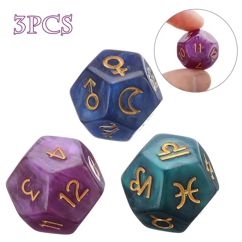 3pcs 12-Sided Dice Astrology Tarot Card Multifaceted Constellation Dice Leisure And Entertainment Toys For Party Cards Game Dice 3pcs double sided clip card stand message clip tag double head memo clip