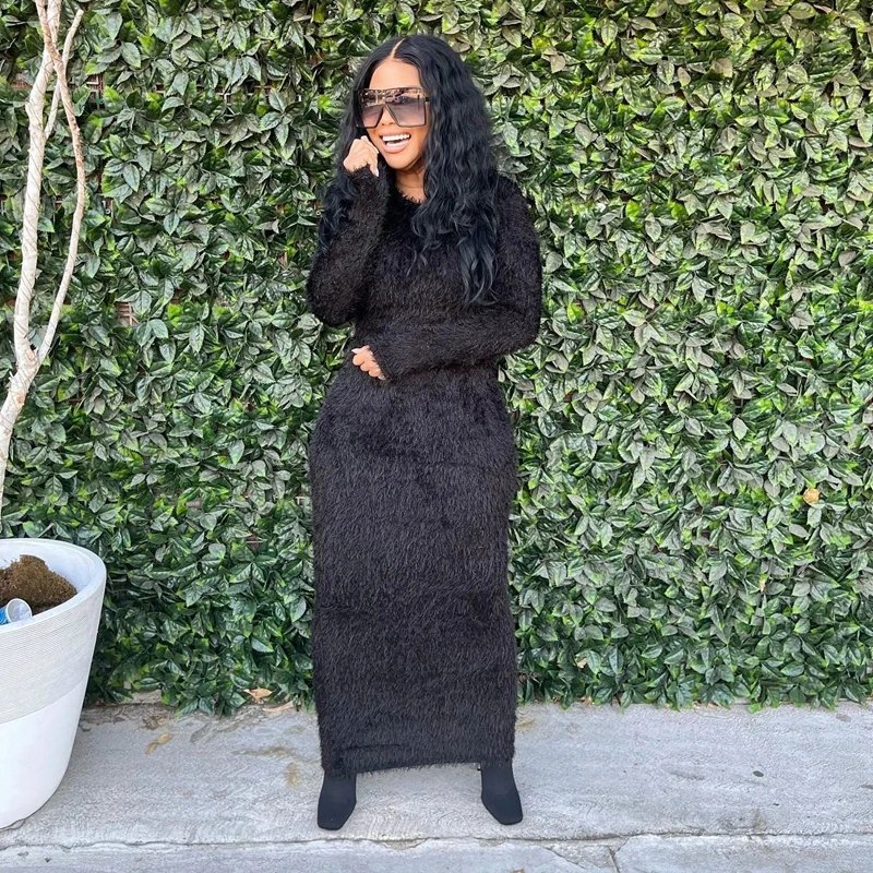 

STYLISH LADY Fur Dress 2023 Spring Women Long Sleeve O Neck Bodycon Sexy Club Party Midi Vestidos Femininos