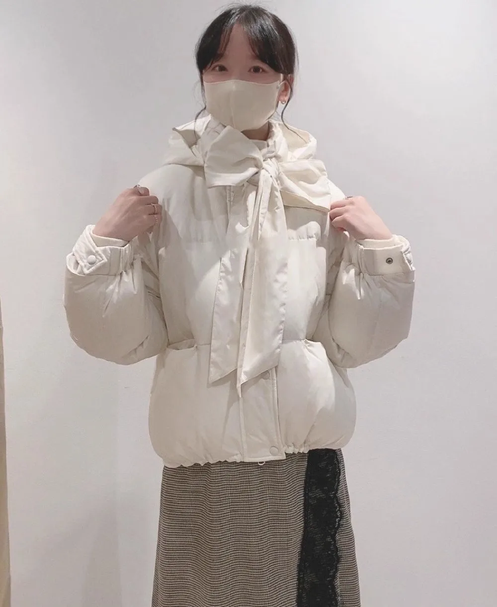 Japanese Style Solid Color All-Match Loose Pockets Short Hooded Down Coat Winter Fashion Long Sleep Bow Lace-up Down Jacket