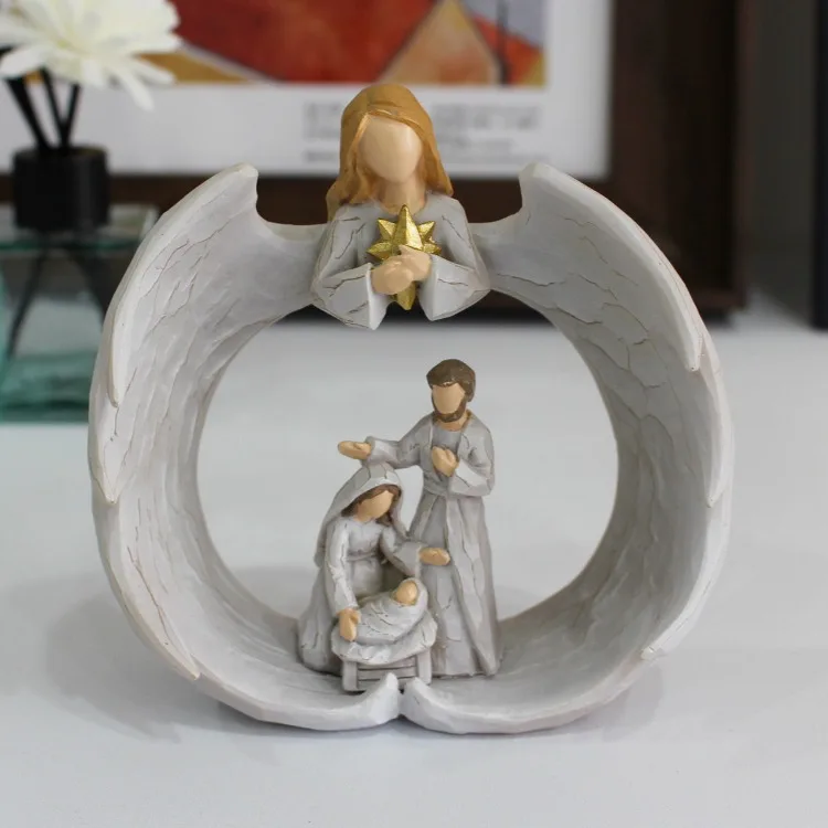 Description Picture 5 of itemAngelic Guardianship Nativity Statue Resin Manger Group Figurines Jesus Christian Catholic Religious Home Christmas Decorations