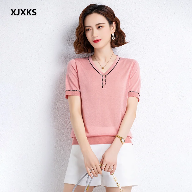 

XJXKS 2022 Summer New Fashion V-neck Short Sleeve Top High Quality Comfortable Casual Women's T-shirt