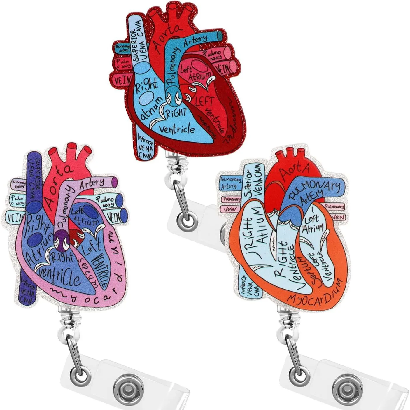 1 Piece Glitter Acrylic Retractable Nurse Badge Reel Anime Love Heart Human Organ Doctor ID Card Holder Lanyard Clip