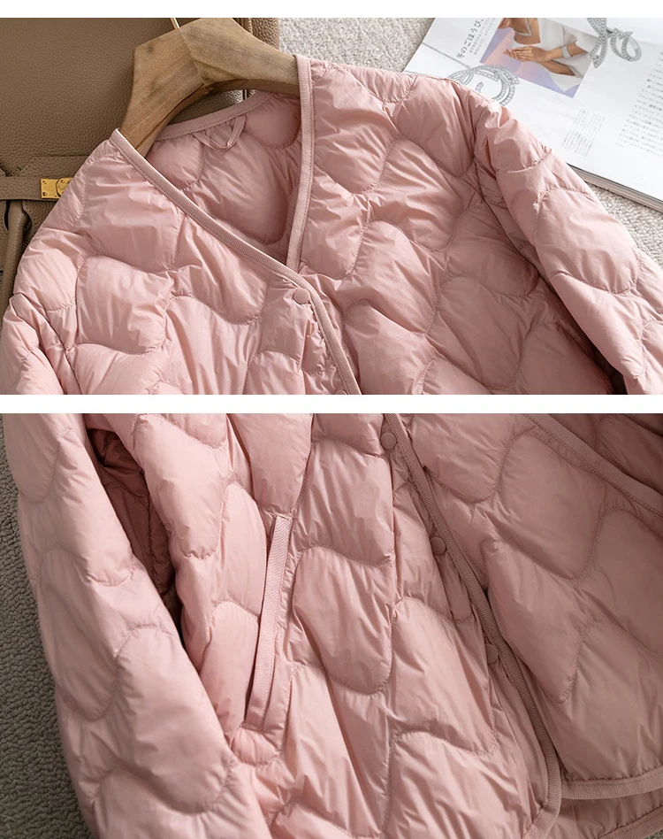 Schinteon Women Ultralight White Duck Down Jacket Argyle V-neck Collar Casual Autumn Winter Outwear Coat 2024 New Fashion