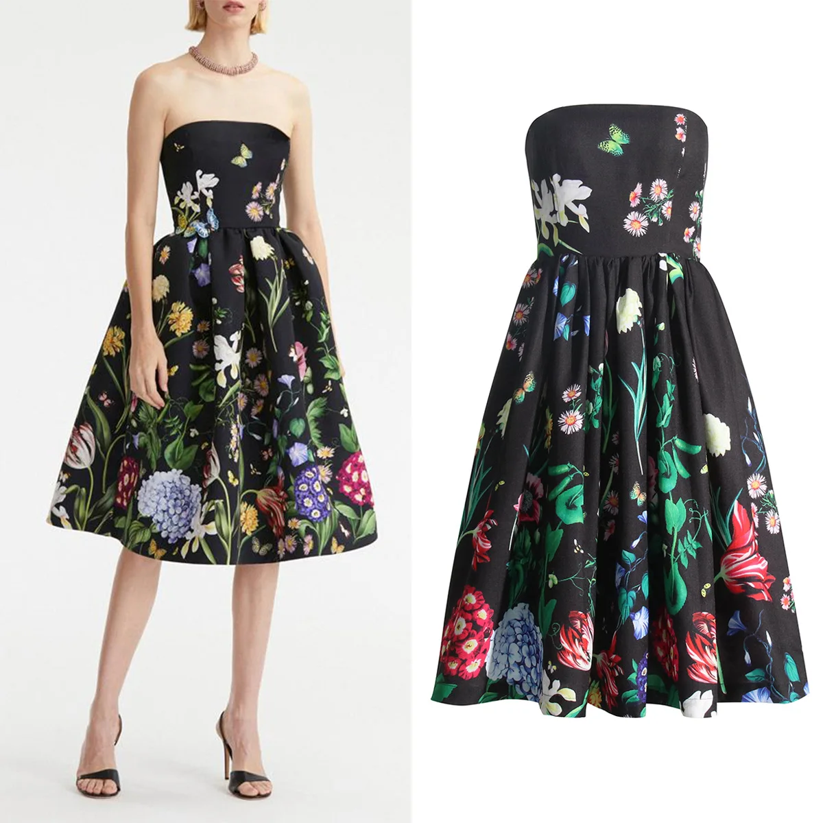 

Summer Women's Dress 2023 New Fashion Wipe Chest Mid-Waist A-Line Black Print Dress Free Shipping