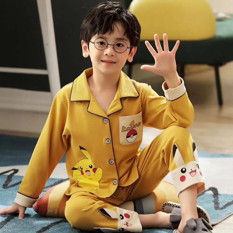 

2023 New Kawaii Pokemon Pikachu Anime Spring Kids Pajamas Set Cute Cartoon Cotton Lapel Long Sleeve Pajamas Boy Homewear Gift