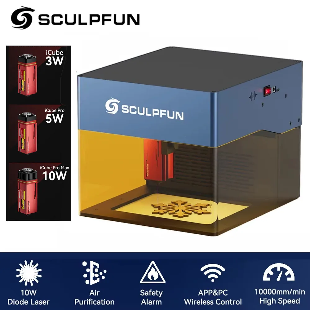 SCULPFUN iCube Pro Max Lasergraveermachine met Air Assist, honingraat- werktafel, rookfilter, draagbare 10 W lasergraveermachine, 0,08 mm laserfocus, lasersnijder voor hout, papier, kunststof