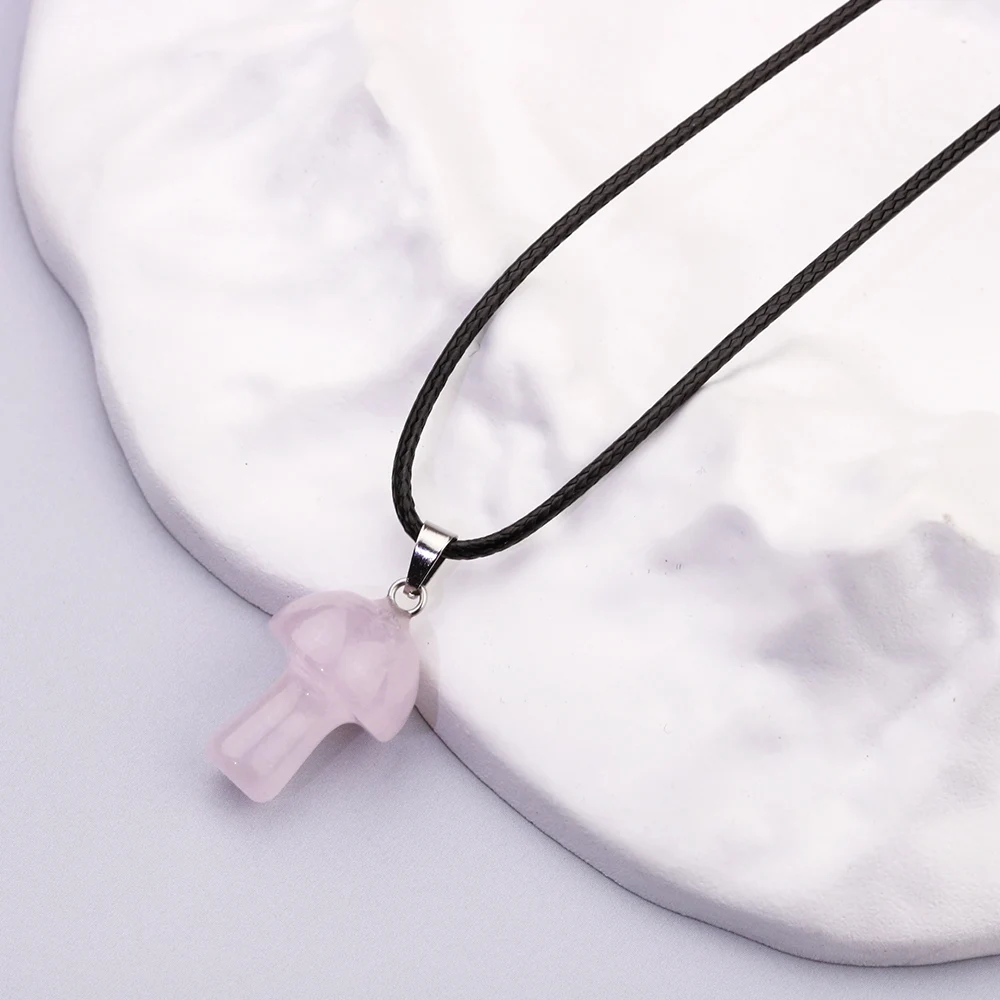12pcs Natural Gem Stone Rose Quartz Crystal Amethyst Tiger Eye Fluorite Carved 2cm Mushroom Pendant Necklace For Women Jewelry