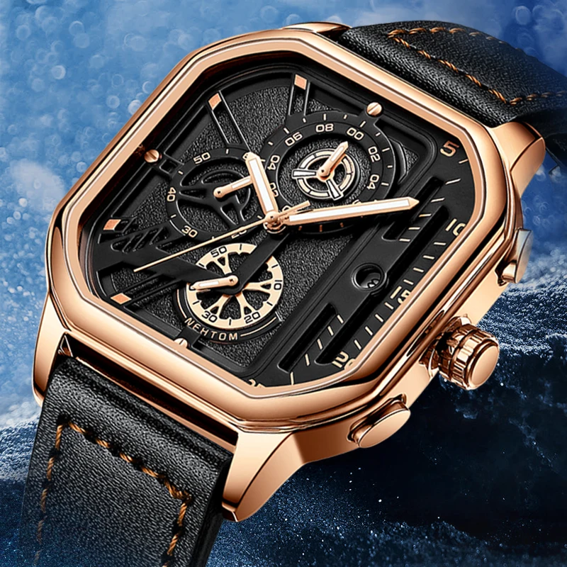 Luxury Men Watch Sport Quartz Waterproof Watches Male Leather Chronograph Luminous Clock Square Skeleton Dial relógio masculino