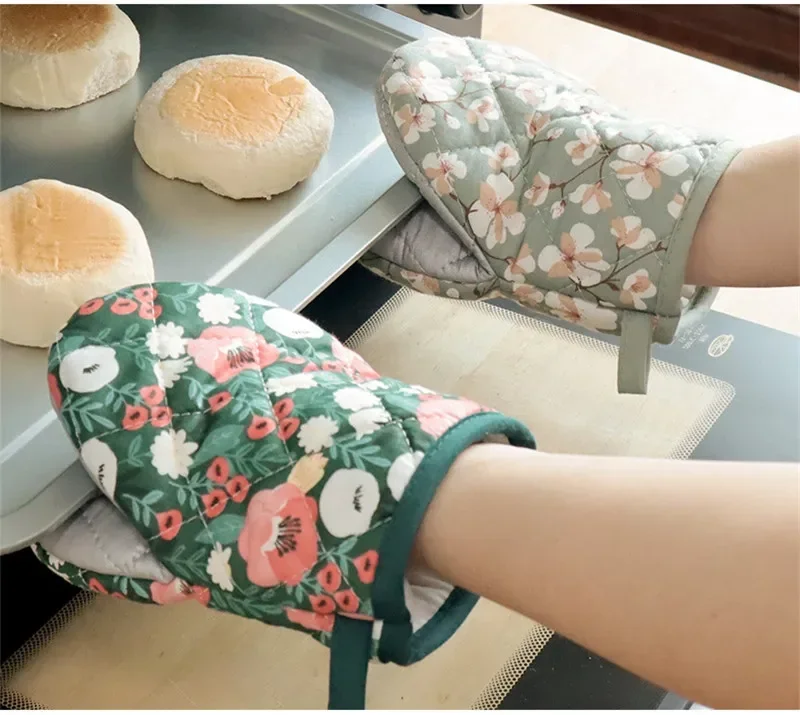 Bakeware Oven Mitts Kitchen Hot Resistant Heart-shaped Hand Clip Insulation Pad Flower Cotton Printed Baking Oven Gloves