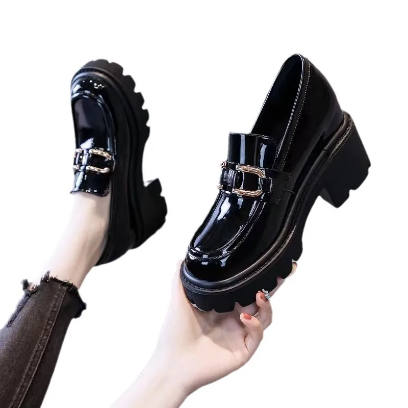 New Spring and Autumn Fashion British Style Women's Thick Soled High Heels Metal Decorative Single Shoes 5