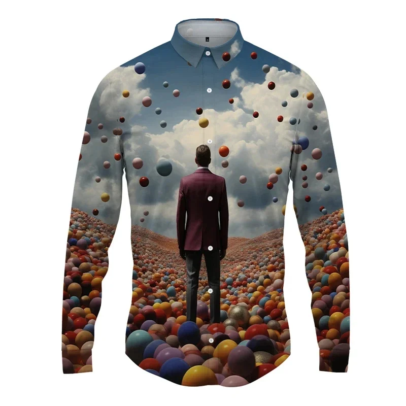thumbnail image 1 of Camisa con solapa con estampado 3D de globos para hombre y mujer, camisas casuales de moda de manga larga, blusas con botones, ropa unisex de gran tamaño, 1 of 4