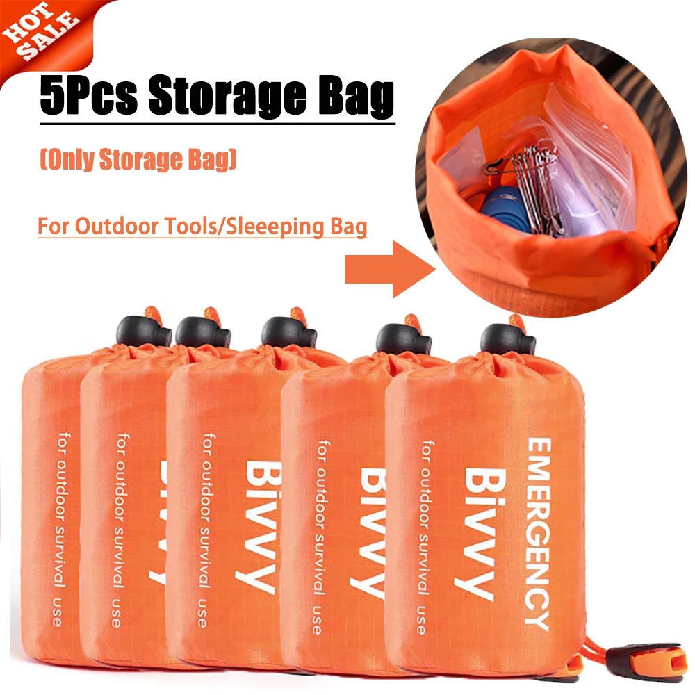 

5PCS Storage Bag For Emergency Sleeping Bag Bivvy Sack With Drawstring & Survival Whistle Sack For Outdoors Camping Hiking Tool