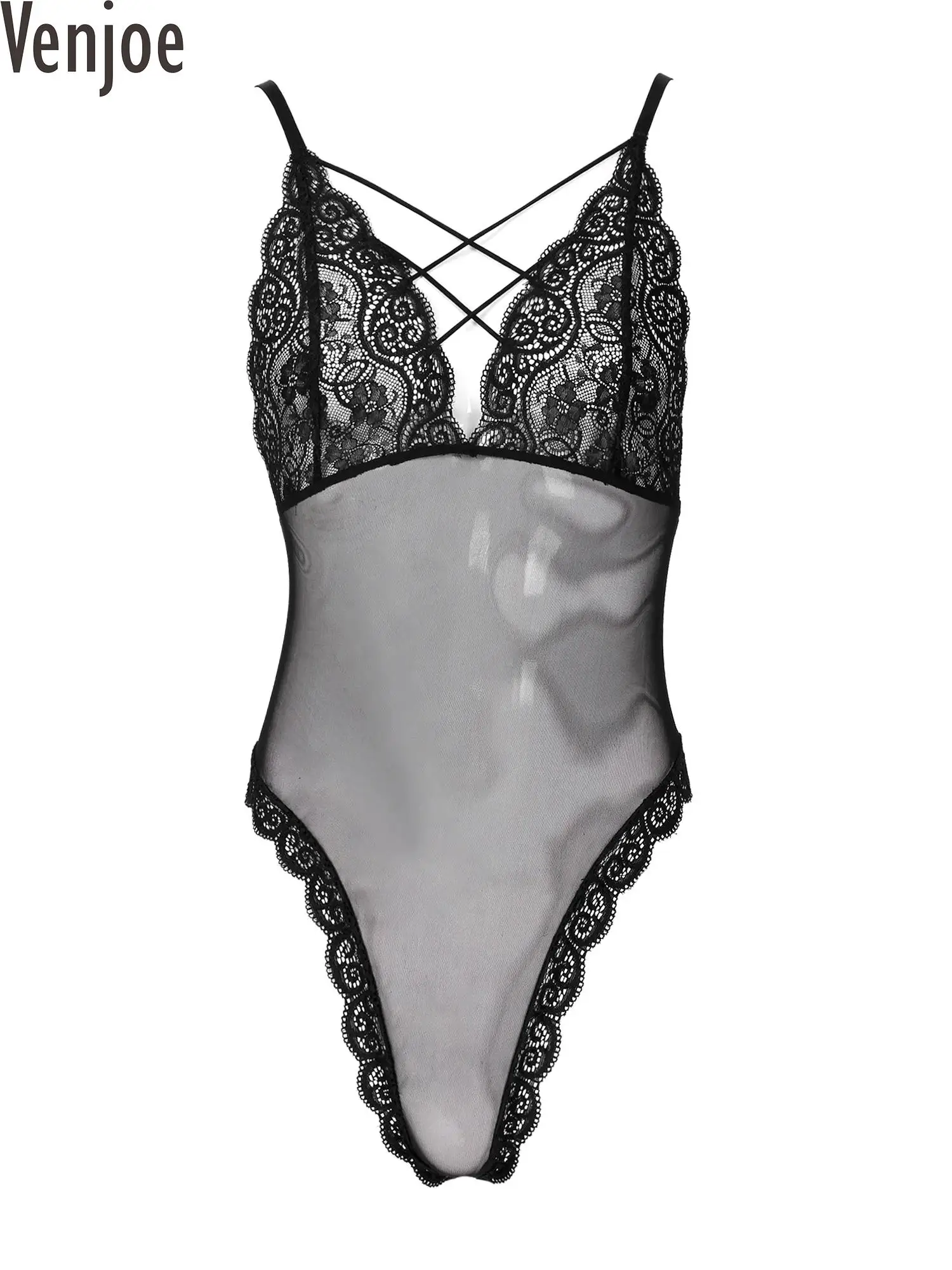 

Men Sissy Underwear Lingerie Nightwear Crisscross High Cut Thong Leotard See-through Mesh Lace Bodycon Bodysuit Crossdresser