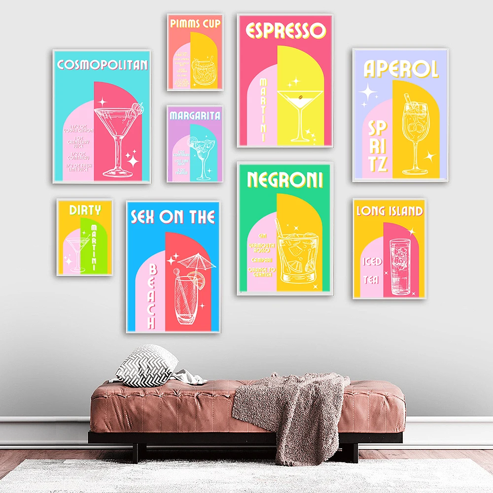 Cartoon Color Cocktail Canvas Painting Vintage Art Print Poster Modern Gin Tonic Drinks Picture For Kitchen Bar Wall Home Decor