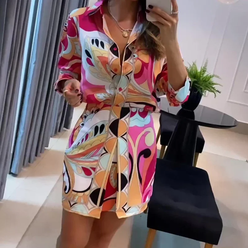 

Women Lapel Long Sleeved Shirt and A-line Skirt Suit Casual Commuting Slim Outfits New Spring Elegant Pattern Printed Party Set