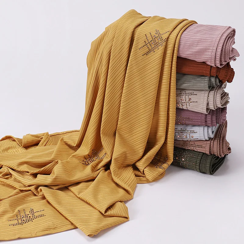 

Islamic Hot Drill Knitted Fabric Hijab Striped Muslim Cotton Linen Scarf Long Shawl and Hijab Shawl Voile Women Muslim Clothing