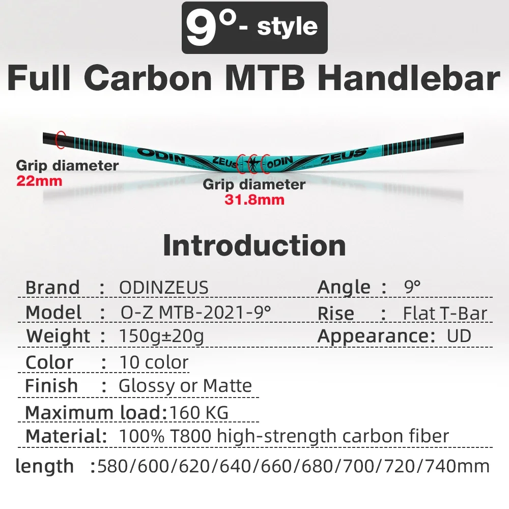 ODINZEUS-Full Carbon Fiber Rise Bicycle Handlebar, Bike Parts, Increased Intensity, 9D, Mountain, MTB, 31.8mm * 740 handlebar
