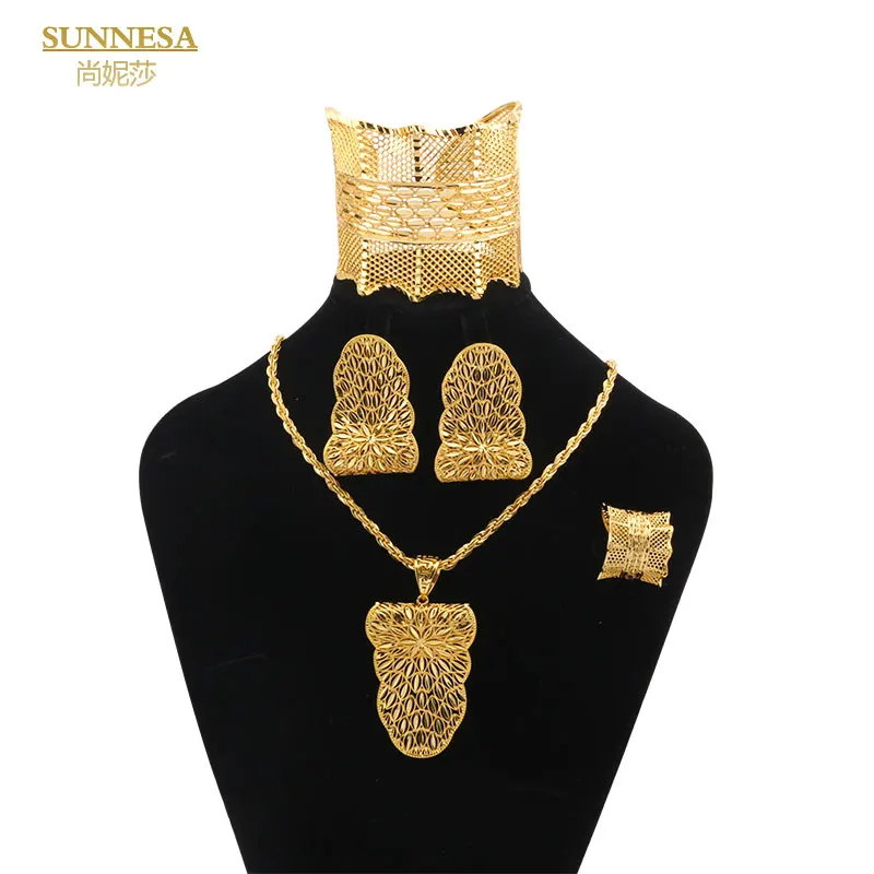 SUNNESA18kGoldPlatedDubaiJewelrySetFashionWomenHollowNecklace