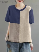 ZANZEA Women Patchwork Blouse 2024 Summer Short Sleeve Tunics Fashion Round Neck Shirts Casual Loose Holiday Cotton Linen Tops - Image 5