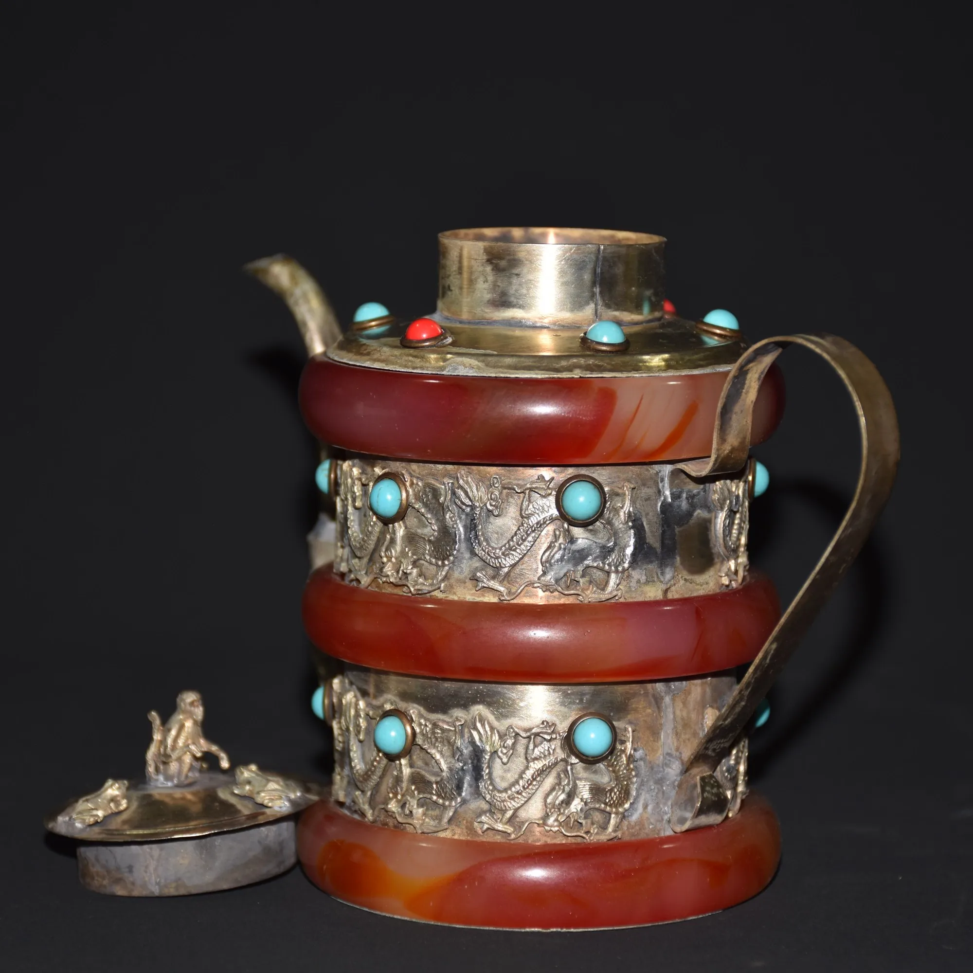 Old Chinese tibet silver inlay red jade handcarved dragon pots wine pot 3