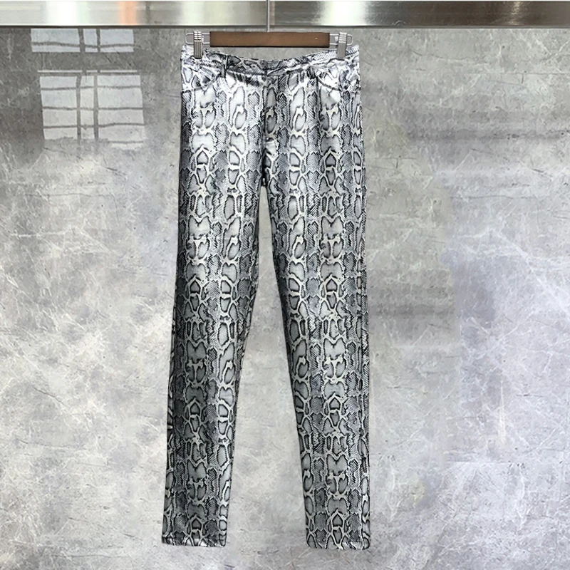 

Tight Stretch Trouser Men Costumes Anti-bright PU Pant Gold Silver Snake Pattern Shinny Leather Pants Sexy Nightclub Streetwear