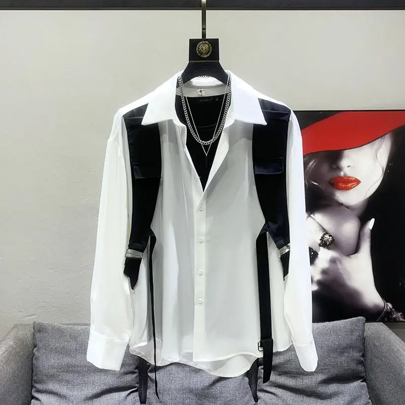 

2022 New Men Casual Blouse Spring Autumn Patchwork Lapel Long Sleeve Streetwear Tops Korean Loose Fashion Shirts Camisas B90