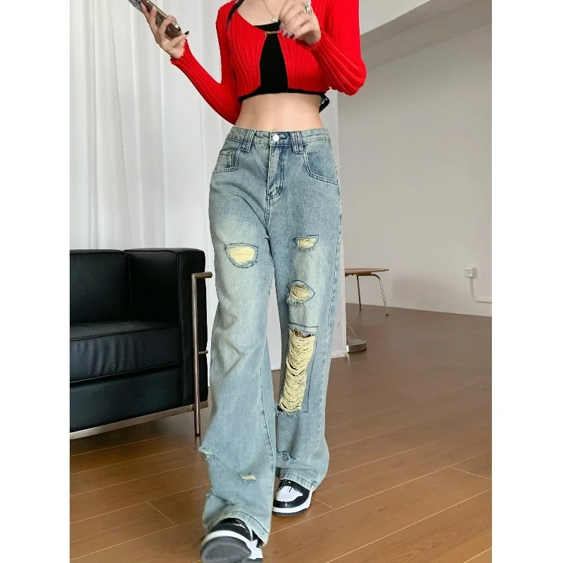 High Waist Slim Blue Jeans Women's Autumn And Winter Holes Straight Demin Trousers Loose Wide Leg Pants 2023 new washed ripped women s jeans high waist straight trousers women demin pants