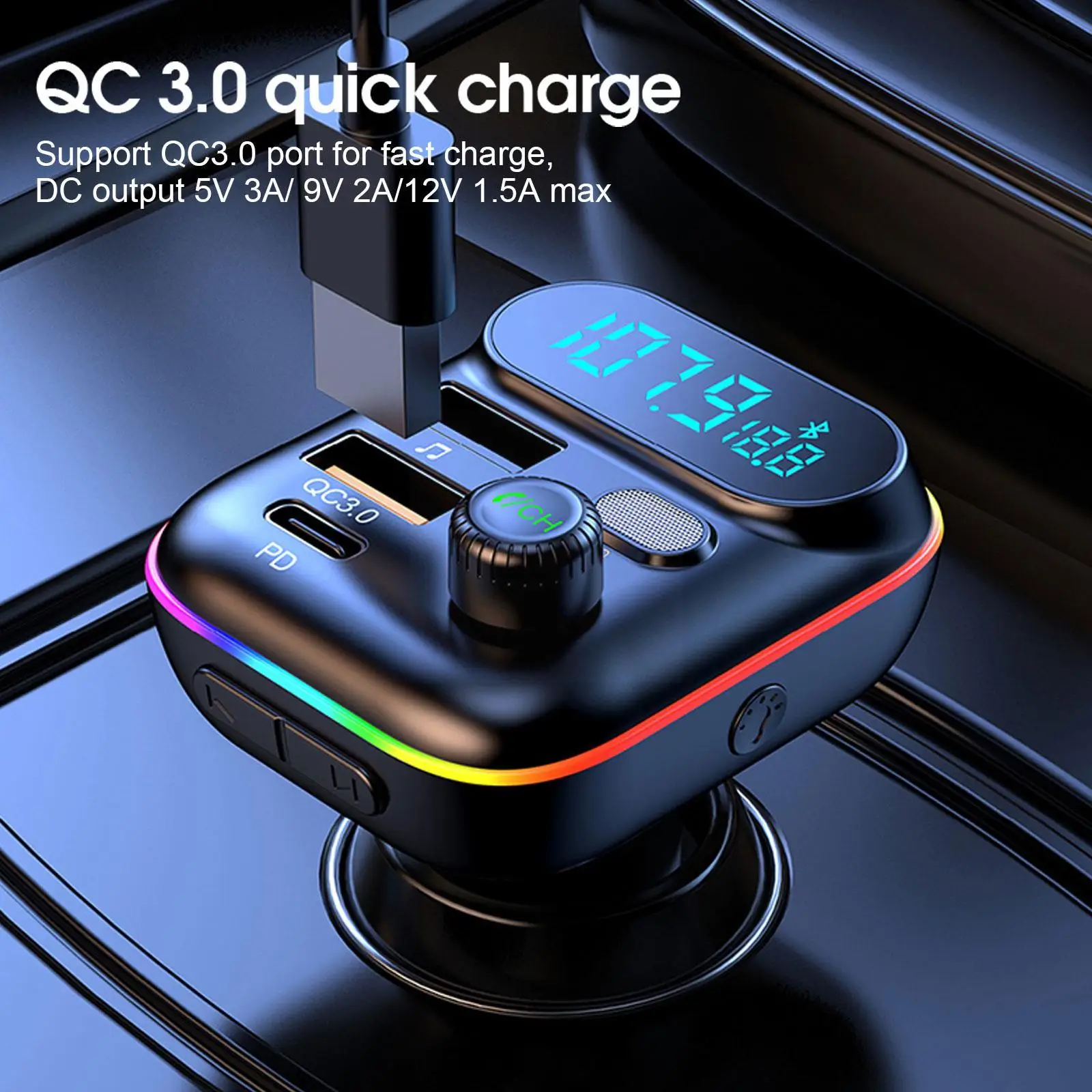 Car Bluetooth 5.0 FM Transmitter PD Dual Player Music Type-C Colorful Ambient MP3 Light Cigarette Lighter USB