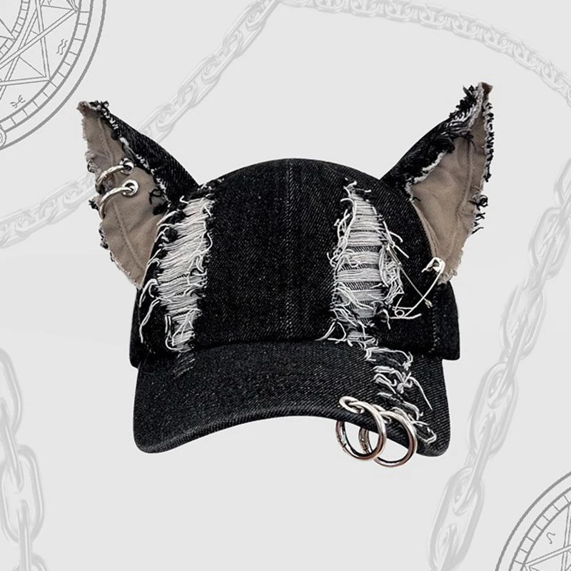 Y2k Iron Ring Long Ears Hats Women Dark Punk Doberman Pinscher Baseball Cap Grunge Aesthetic Hat Trucker Hat baseball cap