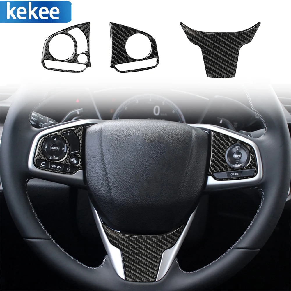 

For Honda Civic 10 2016-2019 Real Carbon Fiber Decal Car Steering Wheel Panel Cover Trim Decorative Accessory Sticker 3PCS