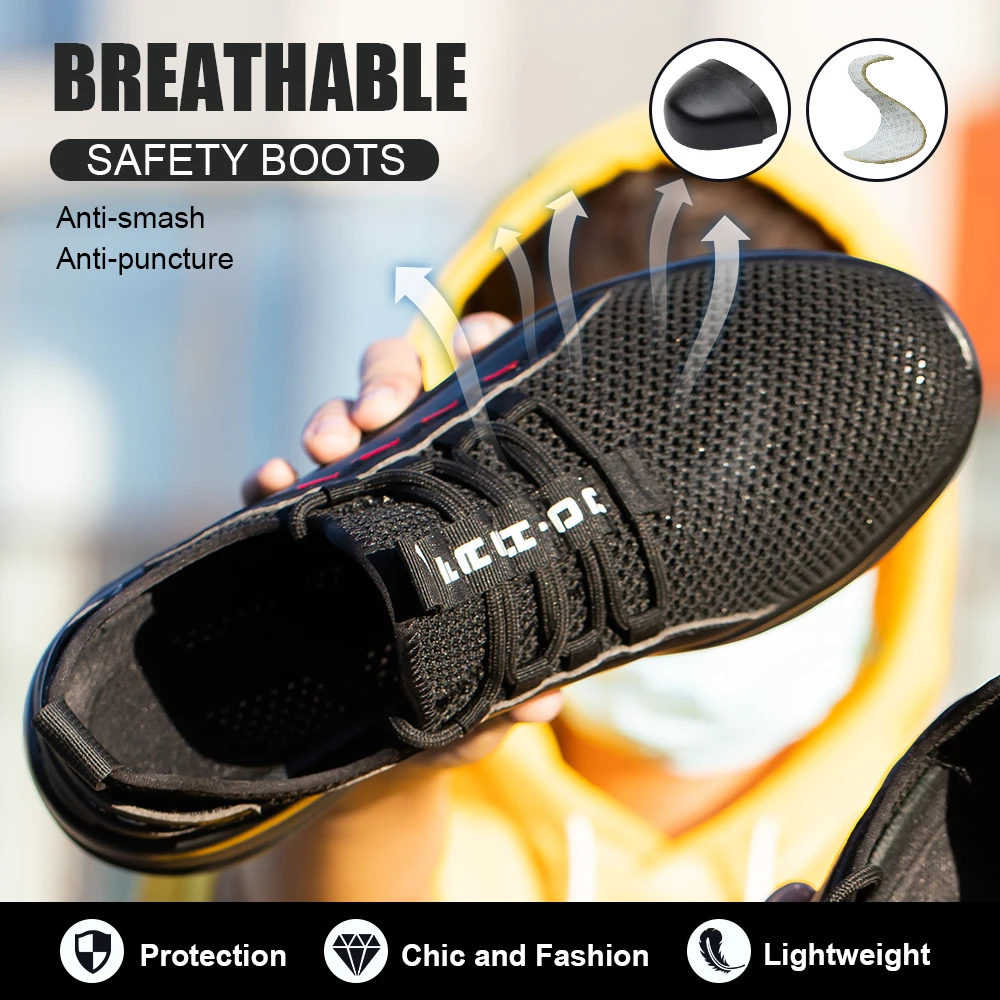 Scarpe antinfortunistiche estive in rete da uomo Puntale in acciaio Scarpe da lavoro leggere e traspiranti anti-schiacciamento Tomaia in maglia Kevlar a prova di inserimento - immagine 2