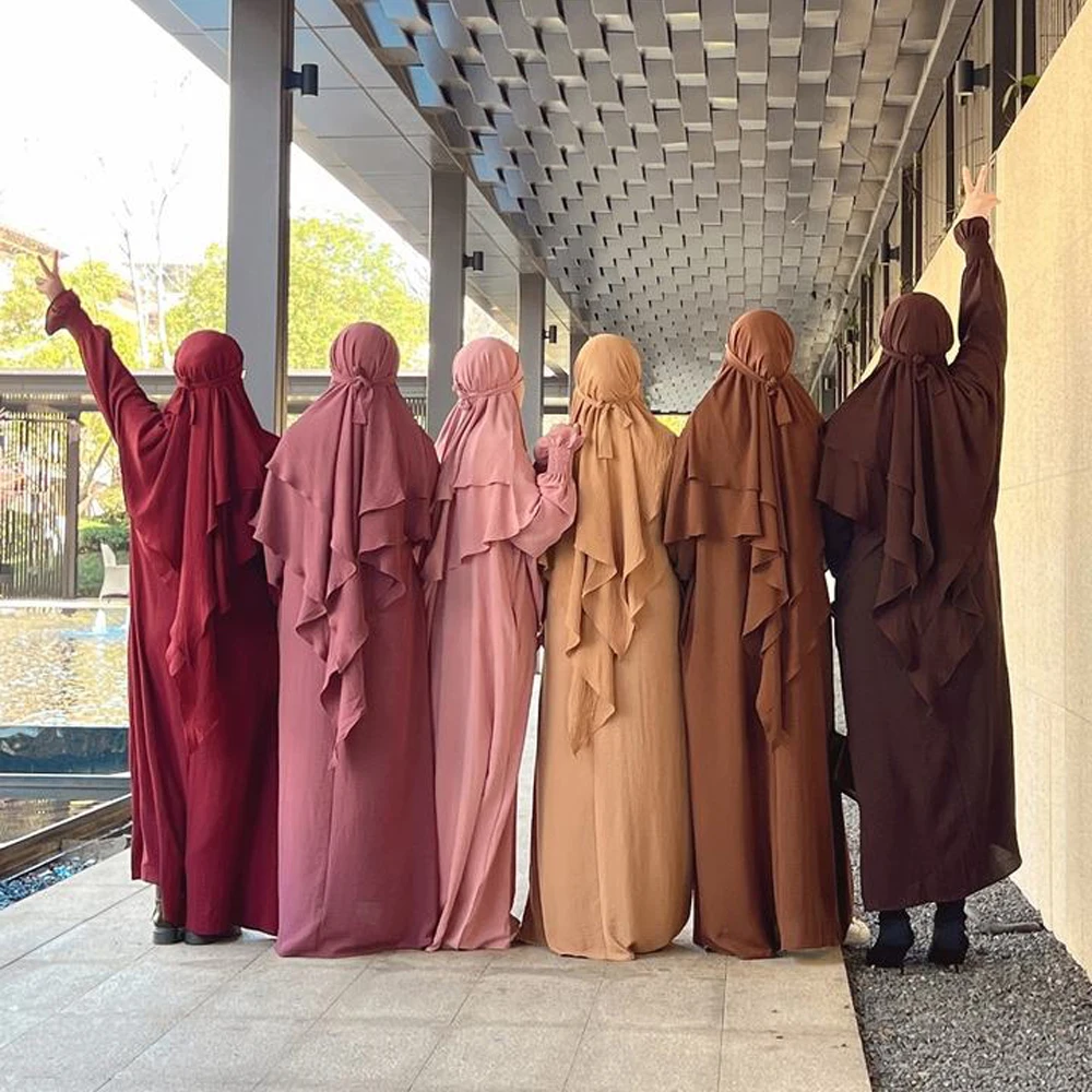 2023 Hijabs Two Layers Long Khimar Muslim Women Headcover Headscarf Niqab Dubai Turkish Islamic Clothing Ramadan Eid Headdress