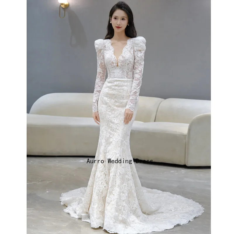 

Simple 웨딩드레스 Korea Style V-neck Wedding Dress Sweep/ Brush Train Backless Vestidos De Novia Robe De Mariée Deep V-neck