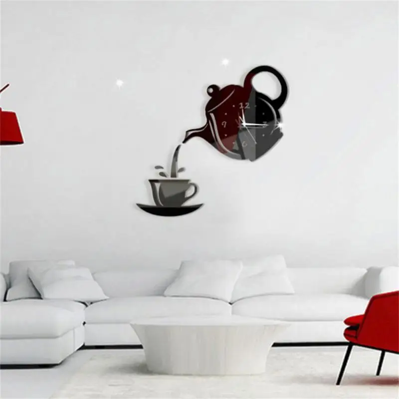 Coffee Cup Teapot Self Adhesive Acrylic Mirror Clock Wall Stickers for Home Living Room Decor Wall Clock Sticker