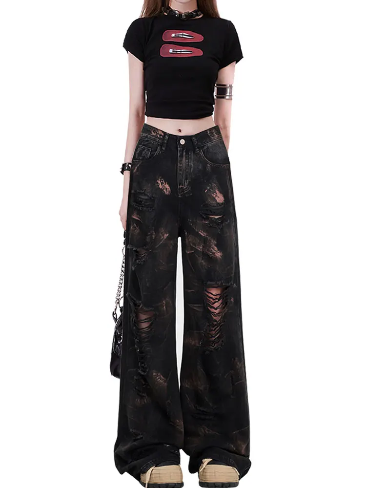 Women's Black Gothic Y2k Ripped Jeans Baggy Harajuku Denim