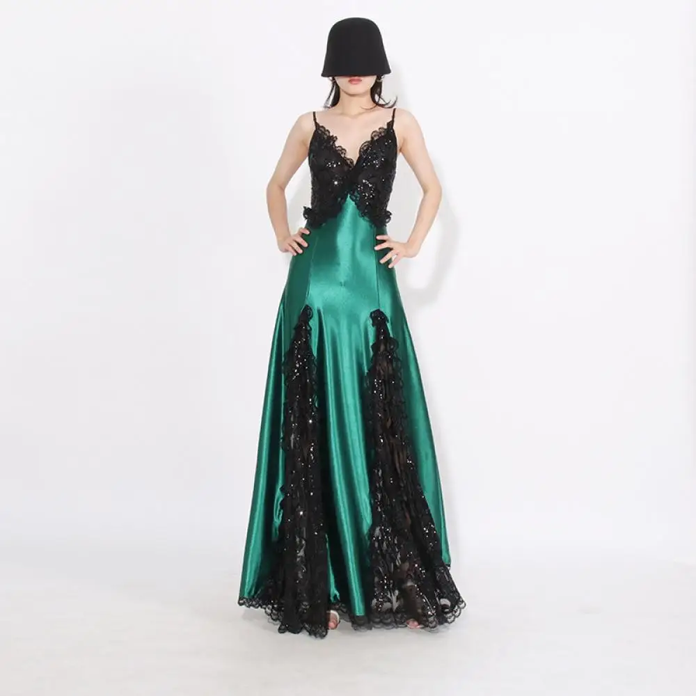 

2024 New Spring Elegant Strap Lace Hollow High Waist Slim Splicing Brand Design Women's Green Dress Evening Party Clothing
