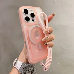 Candy Clear Slot Card Holder Magnetic Wallet Case with Wrist Strap - iPhone 15 Plus (Pink)
