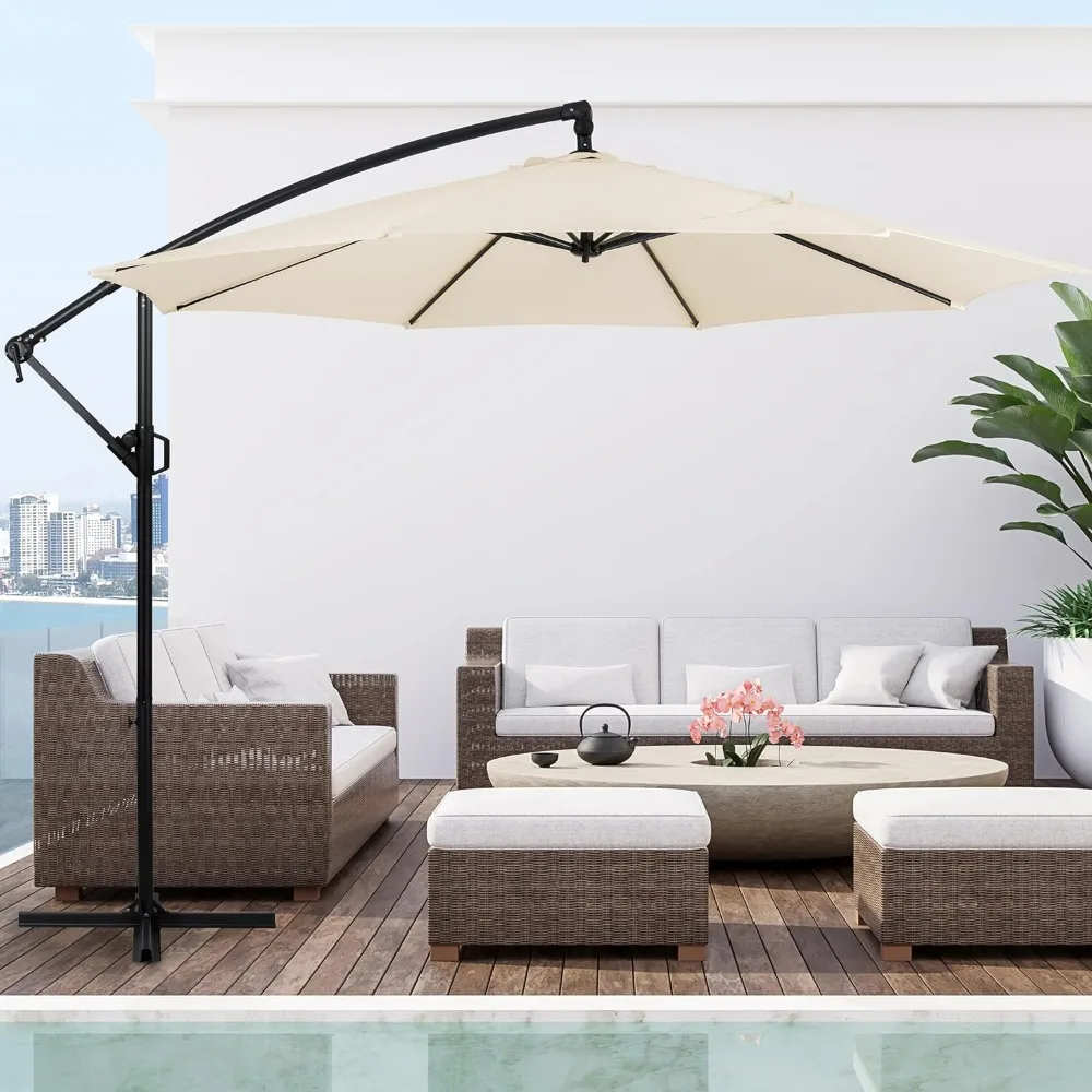 Patio Offset Umbrella Easy Tilt Adjustment Crank and Cross Base Outdoor Cantilever Hanging Umbrella 8 Ribs