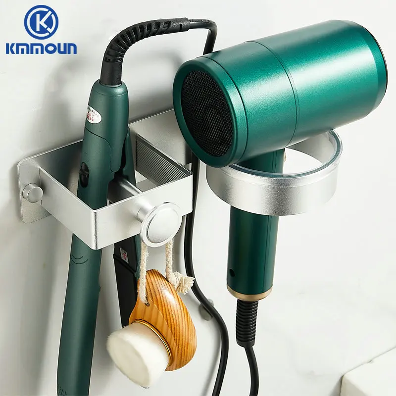 Silver Hair Dryer Holder Self Adhesive Stickers Space Aluminum Curling Iron Holder Air Blower Rack Bracket Black Shelf Kmmoun