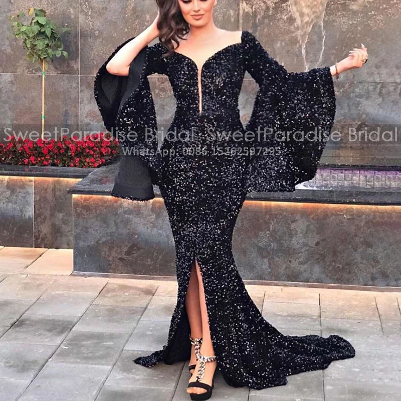 

Sequins Long Bishop Sleeves Evening Dresses Square Neck Side Split Mermaid Women Sheath Prom Dress Formal
