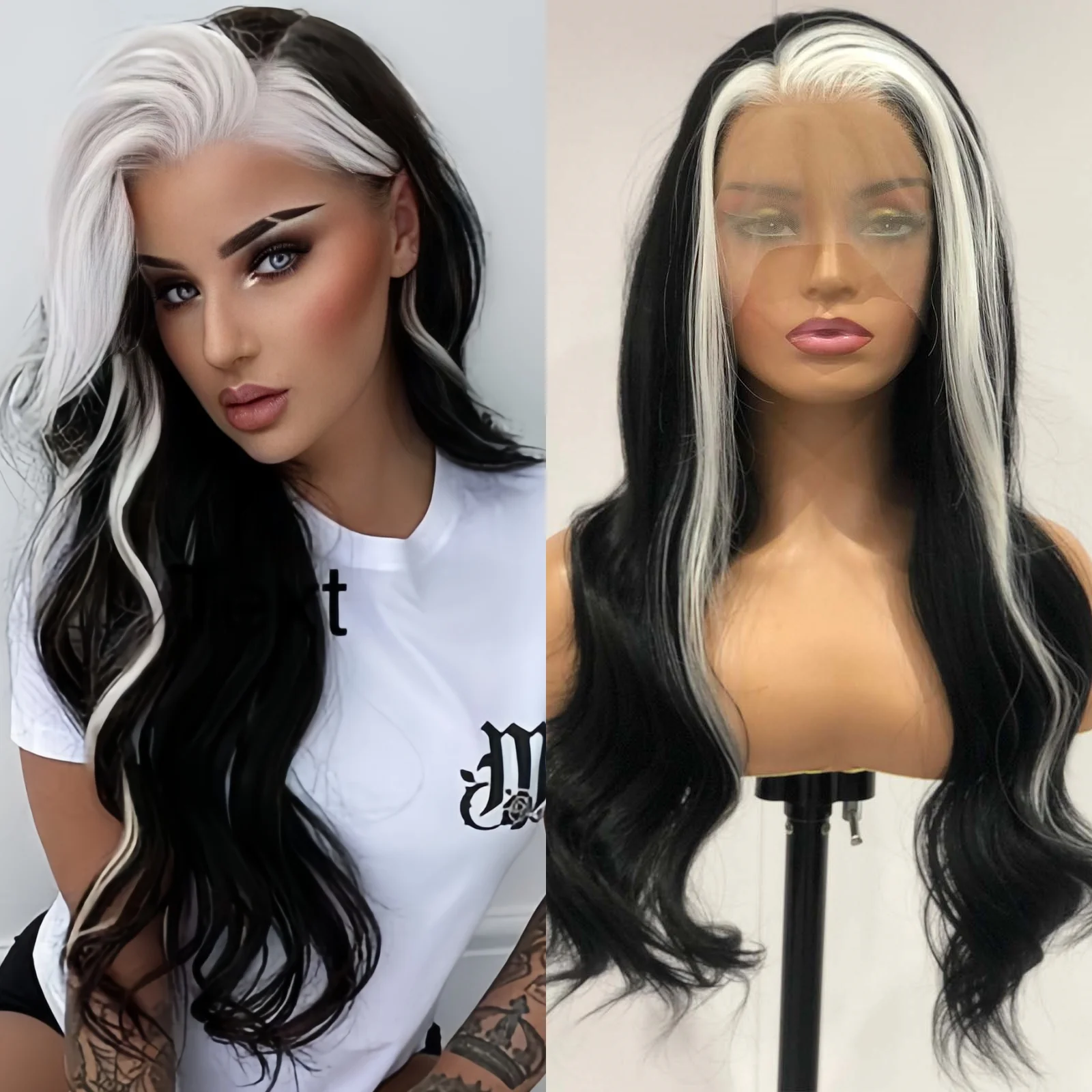 Black White Highlight Synthetic Lace Front Wig Long Curly Natural Wavy Colored Body Wave 13X4 Lace Frontal Wigs For Women