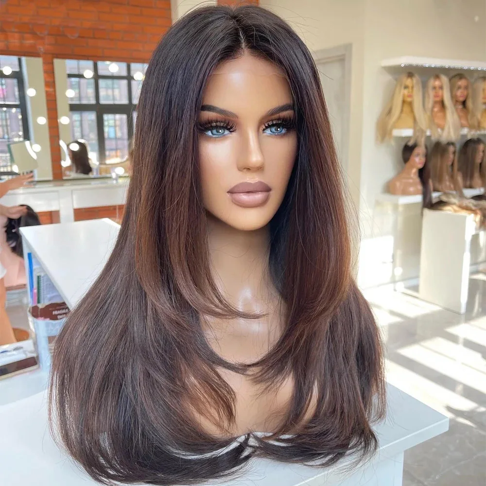 Ombre Brown Straight Human Hair Wigs for Women 180 Density Lace Front Wig Pre Plucked Brazilian Hair Natural Lace Frontal Wig 4