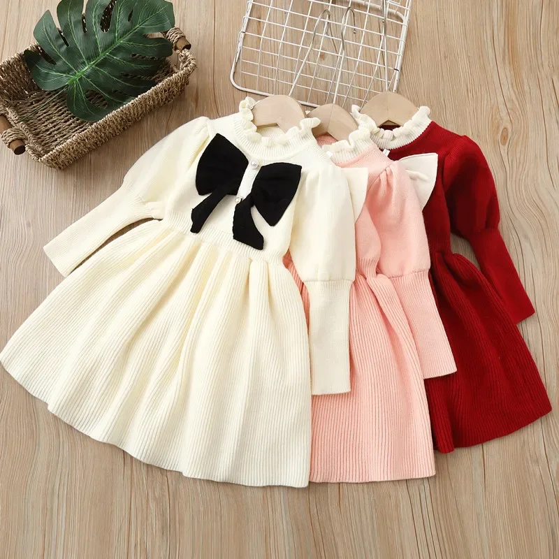 Bear Leader Long Sleeve Sweater Dress Girls Princess Baby Girl Clothes Sweet Tutu Party Dresses Christmas Little Girl Clothes