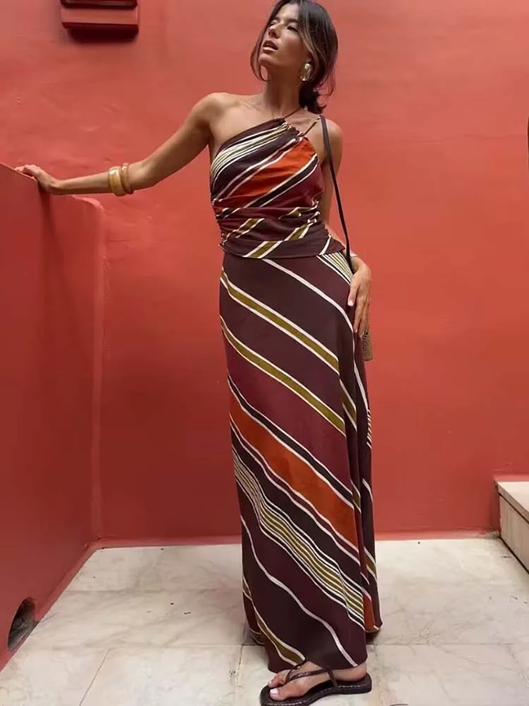 2025 Fashion Backless Halter Striped Print Women Dresses  Fashion Elegant Slim Party High Street Dresses