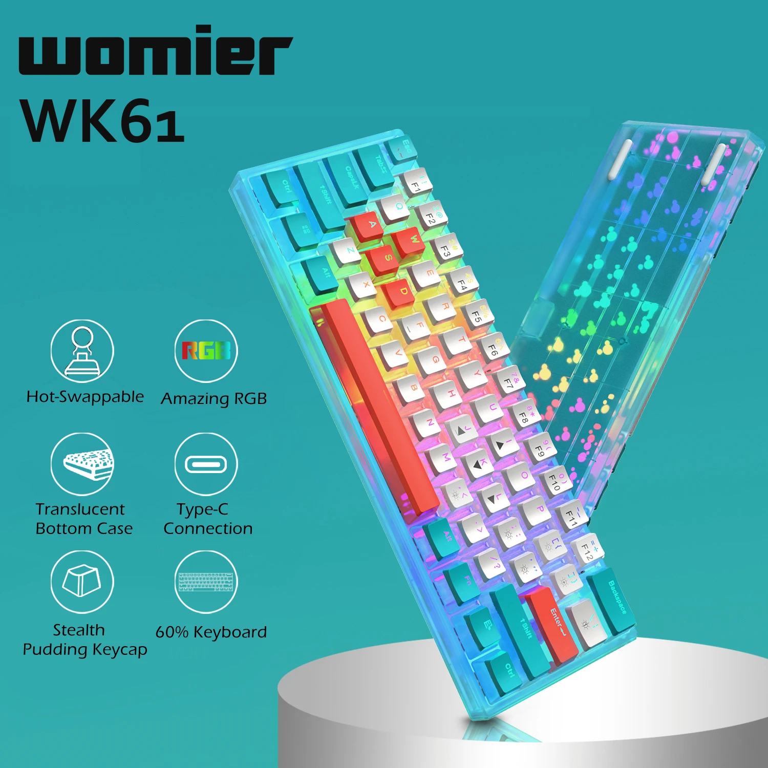 Womier WK61 Gamer Keyboard 60% Layout Hot Swappable Gateron Switch Pudding Keycap Mechanical Keyboard RGB Backlit 61 Keys for PC touch keyboard for pc