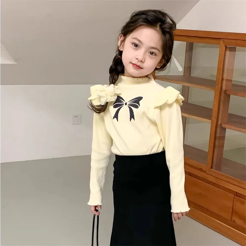 2Pcs Kinder Frühling Kleidung Mädchen Lange Ärmeln Bodenbildung Shirt Baby Bogen Druck Bluse Herbst Neue Mode Tops Kinder Süße t-Shirt – Detail 14