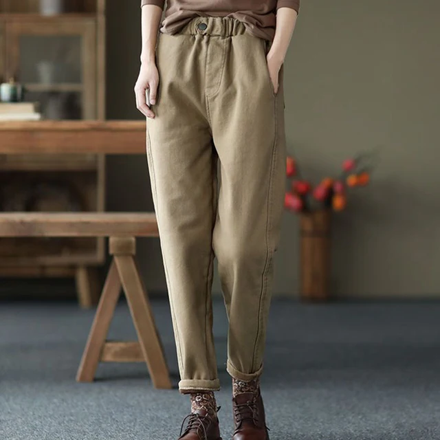 Khaki Women Plus Velvet Harem Pants High Quality Cotton Stretch High Waist  Sweatpants Casual Fleece Lined Loose Pantalones - Pants u0026 Capris -  AliExpress