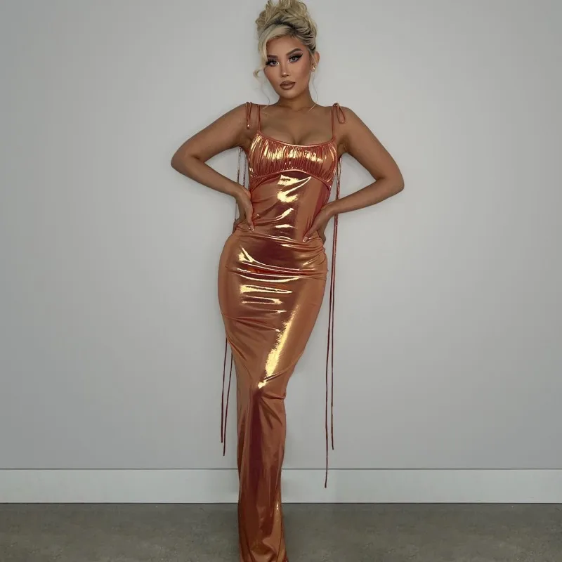 

Glossy sleeveless strappy slim women's high-rise dress